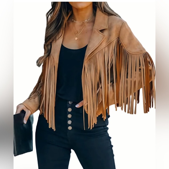 Jackets & Blazers - Fringe Tan/Brown cropped Suede Jacket